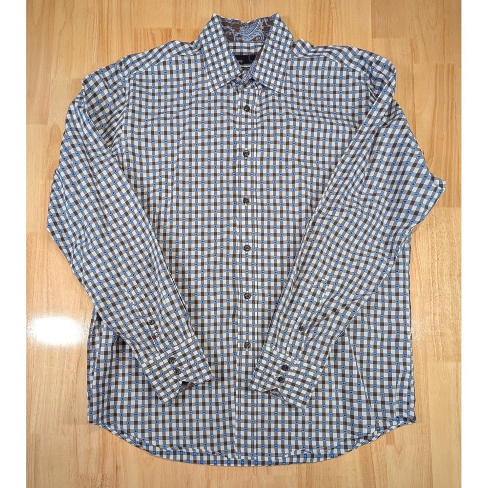 Quieti Mens Brown Blue Checkered Geometric Dot Cotton Button Down Shirt Large